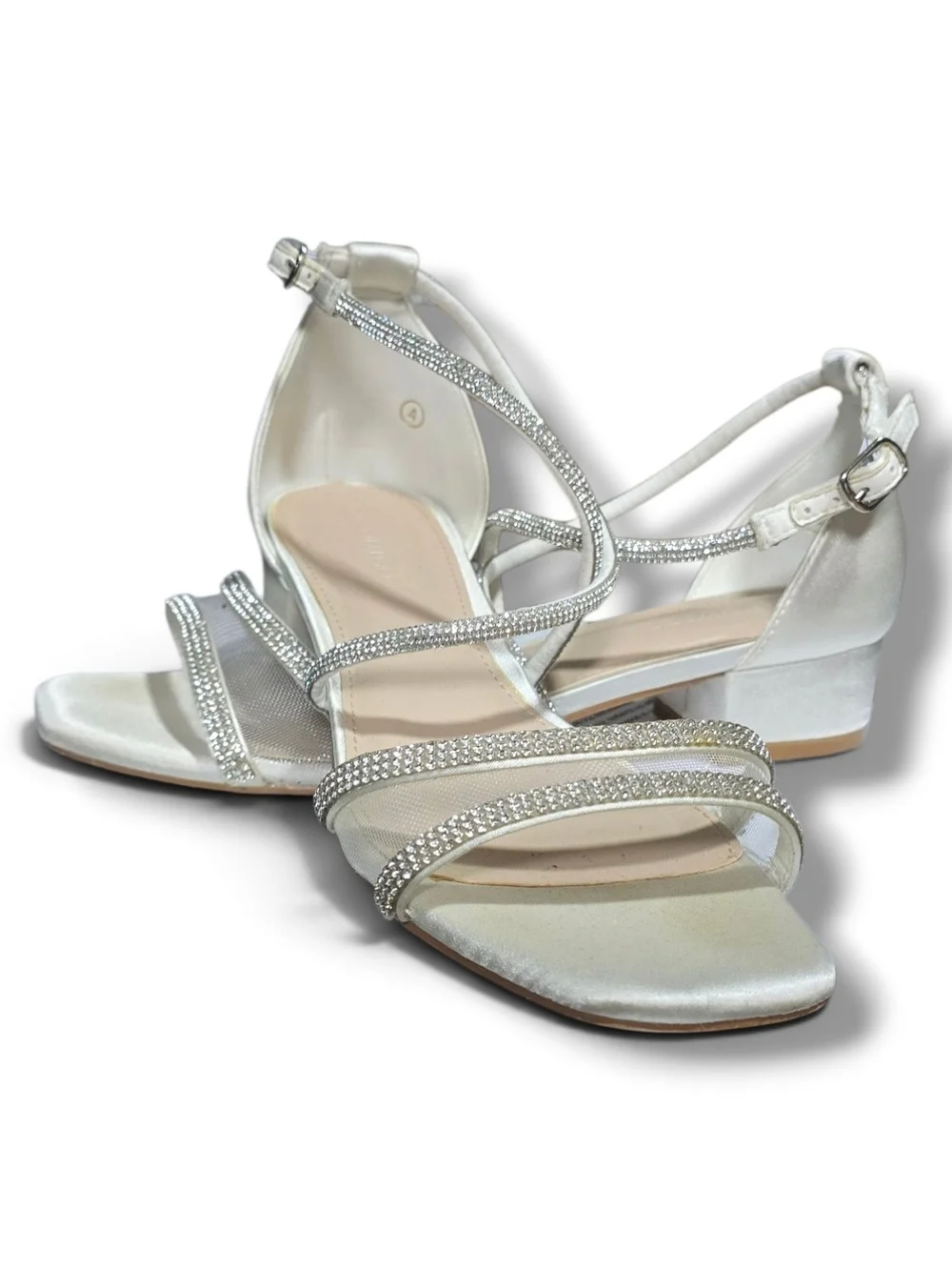 Women's Silver Ankle-Strap Block Heel Sandals with Rhinestone Straps
